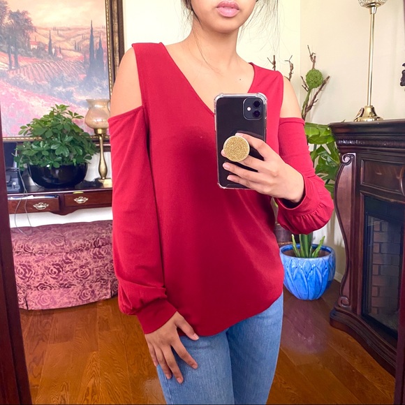 Express Tops - EUC Express Red Cut-out Shoulder Blouse